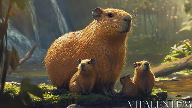 Capybara family watches forest clearing in soft light
