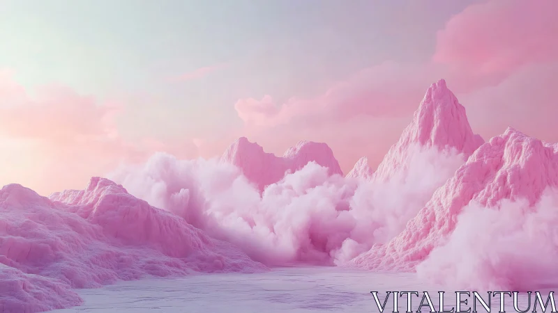 Pink fantasy mountains with clouds in a pastel sky.