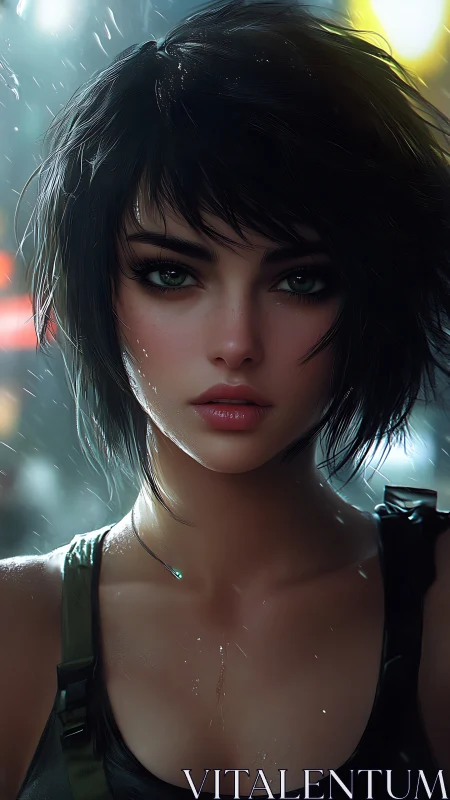 Rainlit heroine gazes forward with quiet, determined strength