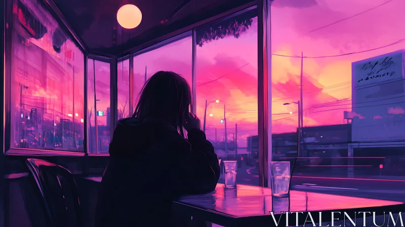 Neon twilight lingers while a lone diner counts passing lights