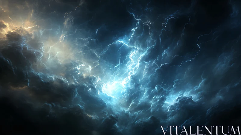 Dense storm clouds with blue lightning and illuminated core.