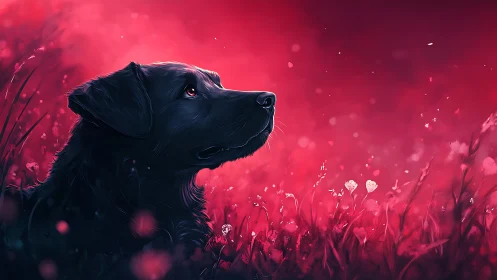 Canine silhouette in luminous magenta atmospheric fieldscape.