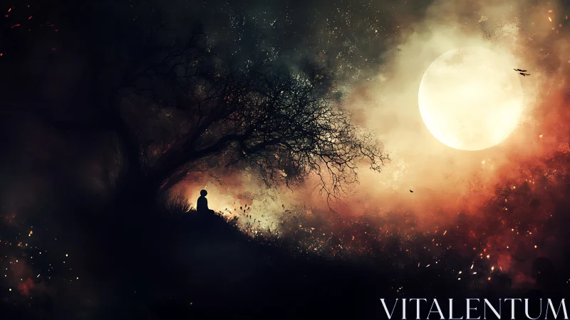 Lunar backlit silhouette beneath dendritic nocturnal canopy.