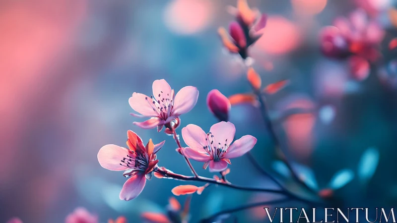 Pink Cherry Blossoms in Soft Focus with Warm Golden Light