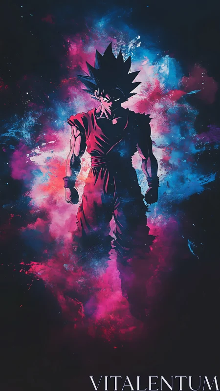 Energetic anime warrior silhouette in nebular chromatic burst.