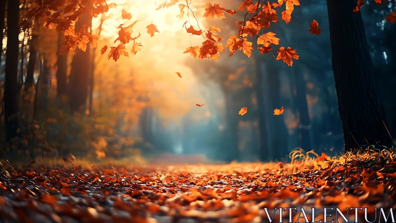 Autumn Forest Path Bathed in Golden Sunlight Through Falling Leaves
