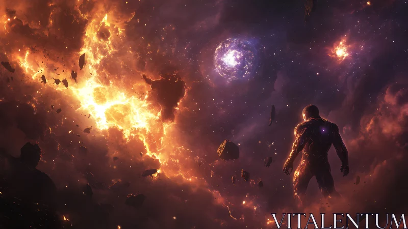 Lone space traveler gazing into a glowing cosmic storm.