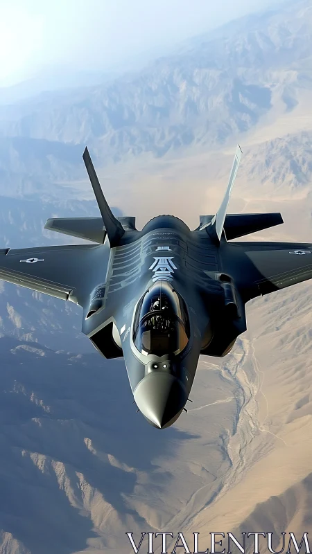 Stealth fighter jet cuts over sunlit desert mountain range.