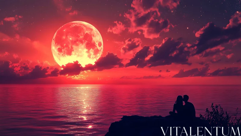 Large celestial body rising over water with storm clouds.