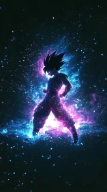 Celestial energy warrior silhouette radiates neon cosmic aura