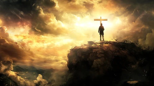 Golden sky glows around a lone figure standing by a cross