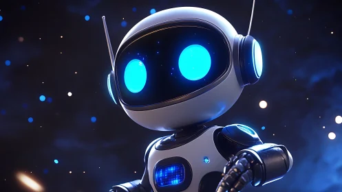 Luminous micro-robot observer with emissive optics in space.