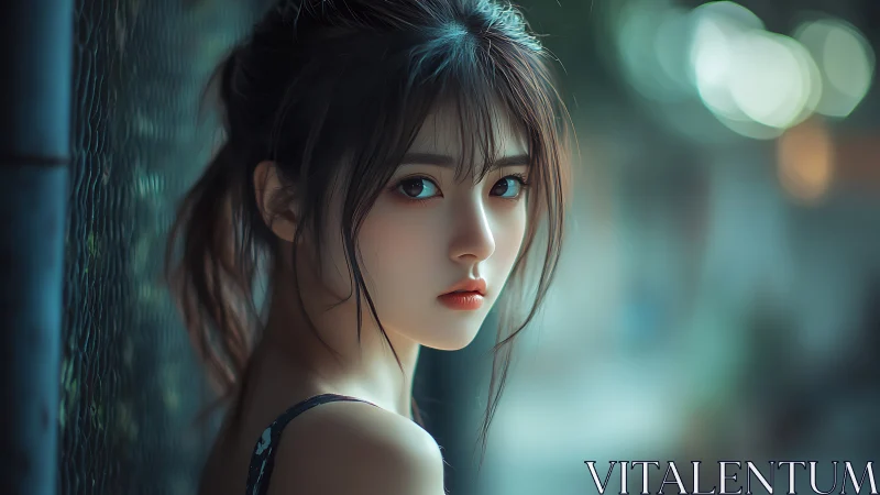 Digital portrait of pensive young woman in teal bokeh light.