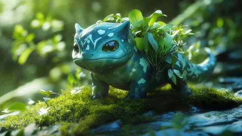 Forest creature with lush foliage growing along back.