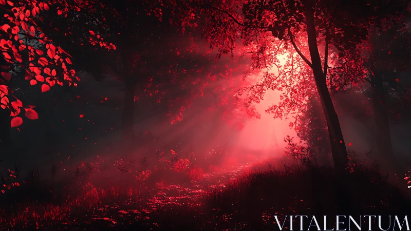 Volumetric red light through dense forest canopy at dusk