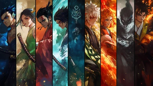 Elemental swordsmen arrayed in vertical anime panel segmentation.