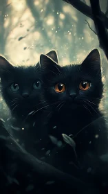 Enchanting Black Cat with Luminous Eyes in Mystical Forest Light