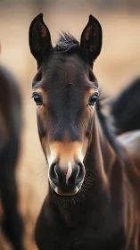 Young dark foal in shallow-depth portrait against warm bokeh
