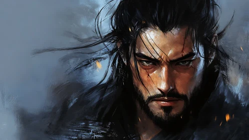 Digital painting portrait of grim warrior in dynamic brushwork.