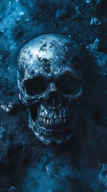 Weathered human skull in cold blue cinematic low-key lighting.