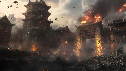 Historic walled complex burns amid extensive structural collapse