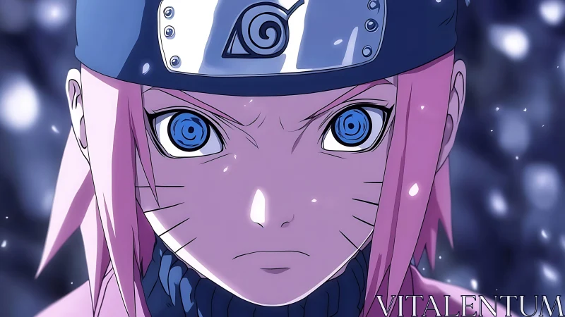 Pink haired ninja portrait with intense blue eyes.