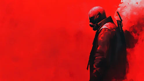 Solitary masked wanderer in a bold red painted wasteland.