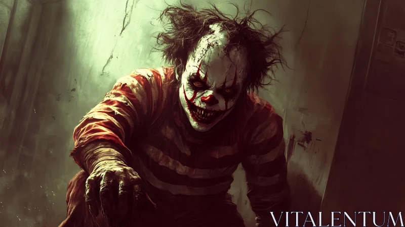 Sinister circus clown emerging from eerie green shadows.