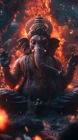 Radiant Ganesha in glowing embers and serene meditation.