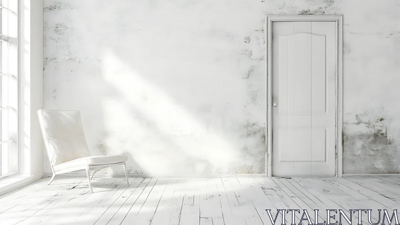 Minimalist white interior isolates chair and door in soft daylight