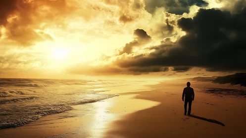 Solitary figure under dramatic golden sunset sky on shore.