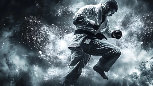 Martial artist explodes through smoky impact in midair