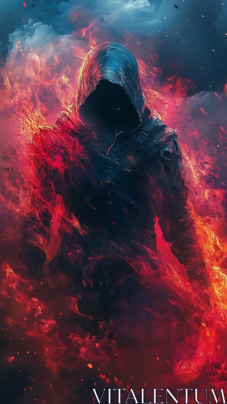 Hooded dark figure engulfed in swirling red firestorm.