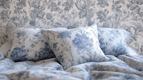 Floral patterned pillows on neatly arranged bedspread.