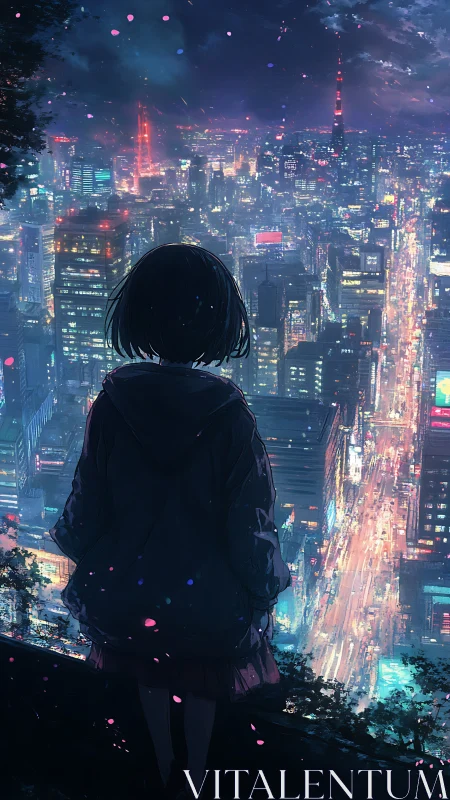 Girl overlooks neon city skyline under moody night sky.
