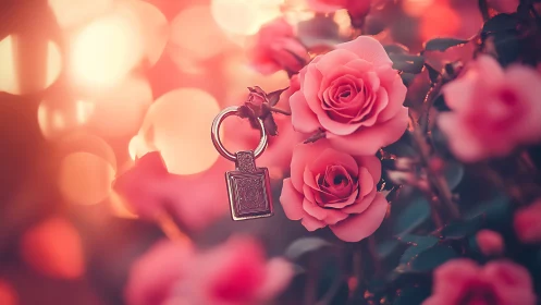 Keychain pendant with roses in soft focus warm lighting.