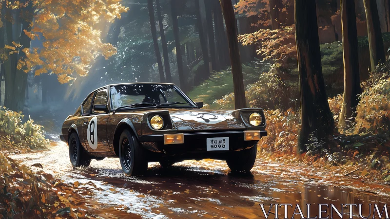 Golden rally car enjoys a peaceful autumn forest drive
