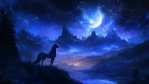 Moonlit stallion overlooking ethereal crystal mountainscape.