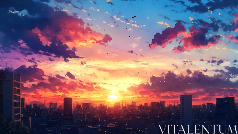 Radiant sunset ignites a futuristic anime city skyline