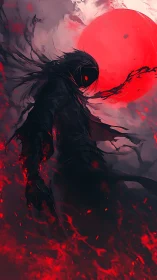 Shadow wraith ascending beneath a ravenous crimson moon.