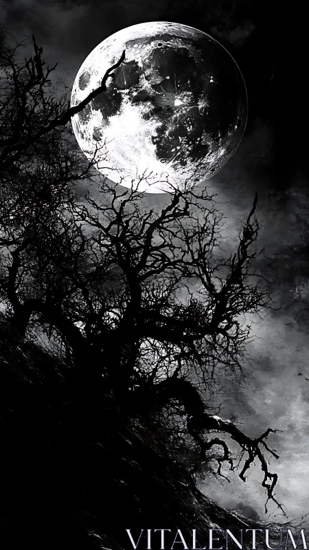 Moonlit branches curling against a stormy night sky.