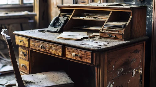 Dusty wooden desk in abandoned office interior scene.