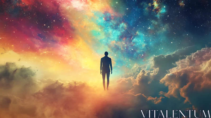 Radiant silhouette walks softly into a vast cosmic sky