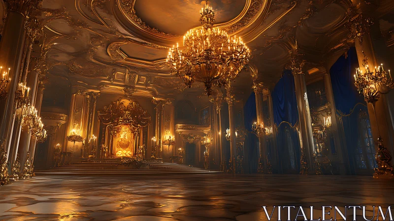 Golden palace ballroom glows beneath opulent chandeliers.