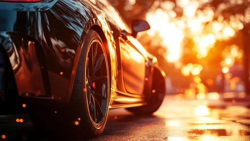 Sports car rear wheel in strong golden sunset light.