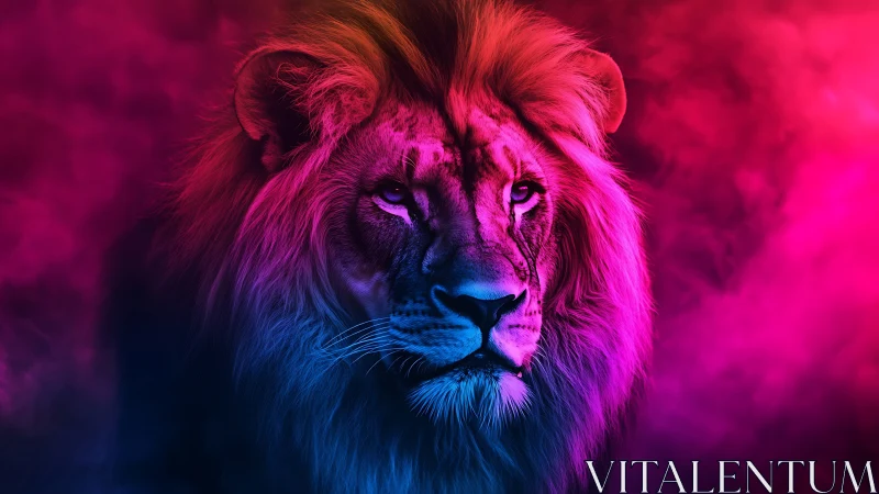 Neon crowned lion emerging through magenta cyber haze.