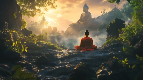 Serene monk meditating before colossal Buddha at sunrise.