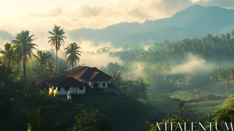 Sunlit tropical homestead resting in a misty green valley.