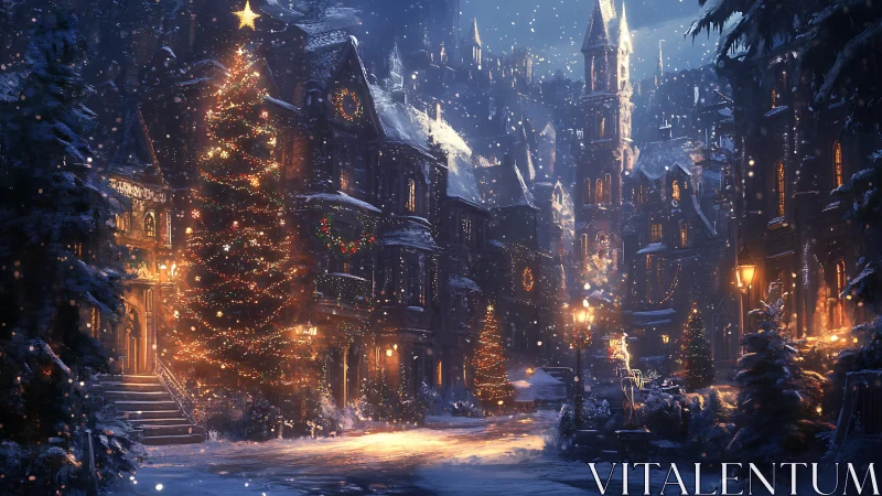 Cozy snowlit village street glowing with festive warmth.
