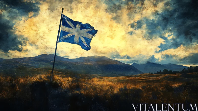 Scottish flag billows over moody highland landscape at dusk.